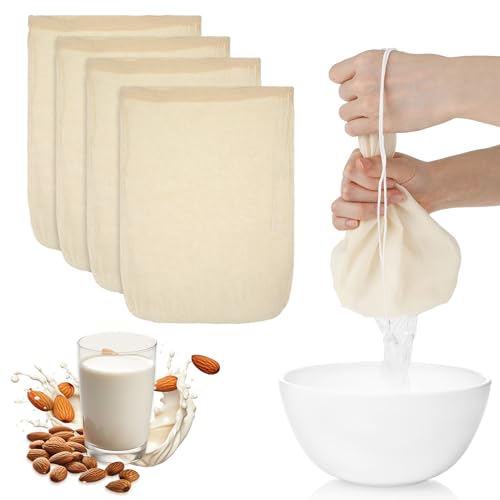 WLLHYF 4 Pack Nylon Nut Milk Bag 12 × 8 Inches Fine Mesh Cheese Cloth Multiple Usage Reusable Food Strainer Professional Cold Brew Filter for Straining Juice Coffee Yogurt Tea (Cotton, 12×8 In) - size: 12×8 in