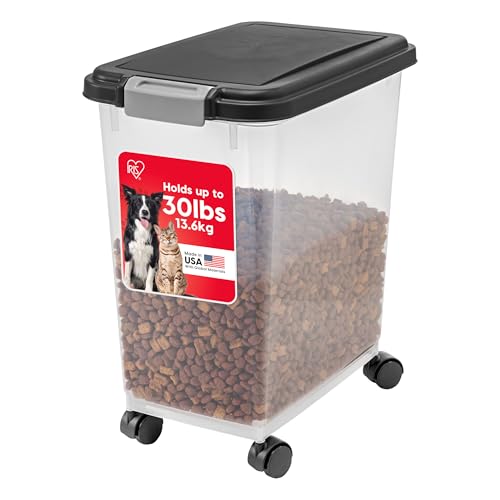 IRIS USA Airtight Pet Food Storage Container with Wheels, Black, 30 lb Capacity - BPA-Free Clear Plastic Bin with Snap-Lid Seal to Keep Kibble, Pellets or Seeds Fresh for Dogs, Cats and Birds - color: Black, size: 30 lbs