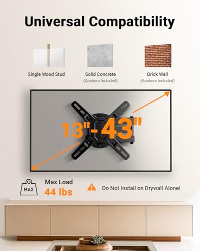 Perlegear Full Motion TV Wall Mount Bracket for Most 13-43 Inch LED LCD Flat Curved Screen TVs & Monitors, Swivel Tilt Extension with Articulating Arms, Max VESA 200x200mm up to 44lbs - size: for 13-43 inch TVs&Monitors