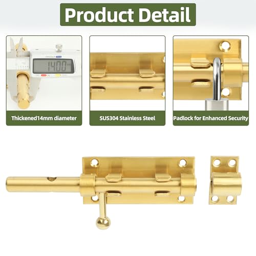 Alise Slide Lock SUS304 Stainless Steel Gate Latch, Slide Bolt Latch,Thickened Heavy Door Latch Lock,6 Inch Black Barrel Bolt Latch, Security Slide Latch Lock Gold - color: Gold, size: 6 Inch (Regular)