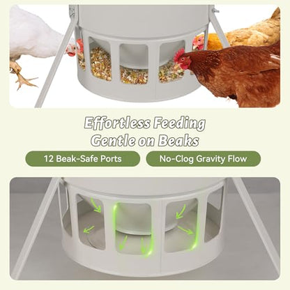 KOL Metal Chicken Feeder - 20lbs No Waste Chicken Feeder with 12 Ports, Powder Coated Rust-Proof Design & Smooth Edges for Safe Feeding (Jade White) - color: Jade White