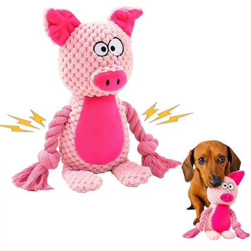Cotton Rope Squeaky Dog Toy with Crinkle Paper – Interactive Plush Chew Toy for Small & Medium Puppies, Pig Design - color: Pink
