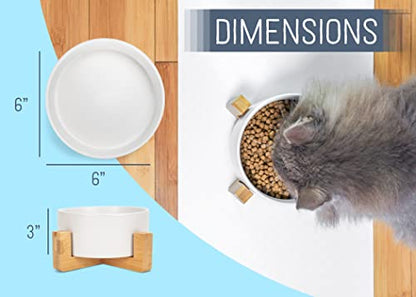 NAT & Jules Small White 6 inch Stoneware Ceramic and Wood Pet Bowl with Stand - color: White