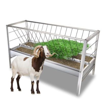 77 Gallon Hay Feeder for Goats & Livestock Shelter with 2 Trays, 2 in 1 Design Hay Rack Up to Feed 14 Livestocks, Solid Galvanised Steel Goat Feed for Long-Lasting Use in Outdoors&Farms, Sliver