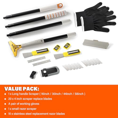 Gomake 4" Wide Razor Blade Scraper Tool with Adjustable 16''-58"(1.3ft -4.8ft) Long Handle, 20PCS Extra Metal Blades, Cleaning Glass Wall Scraper, Painting stripping tools, Tile, Floors, Walls