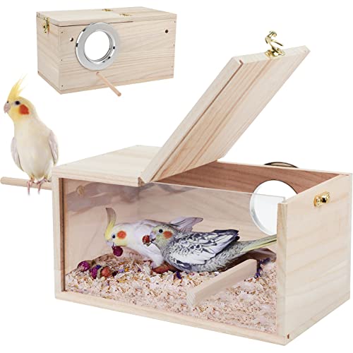 Rypet Parakeet Nesting Box Transparent Design, Thwartwise Bird Nest Breeding Box with Perch Wood Bird Cage House for Cockatiel Lovebirds Budgie Finch Parrotlets Canary L - size: Large