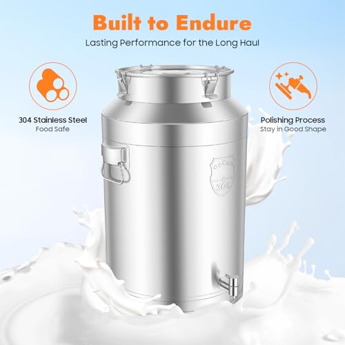 Milk Can, 20 Gallon (76L) 304 Stainless Steel Sealed Bucket with Spigot and Lid - Large Food & Beverage Dispenser Container for Water, Wine, Oil, Tea, and Dry Goods (76L) - size: 76L