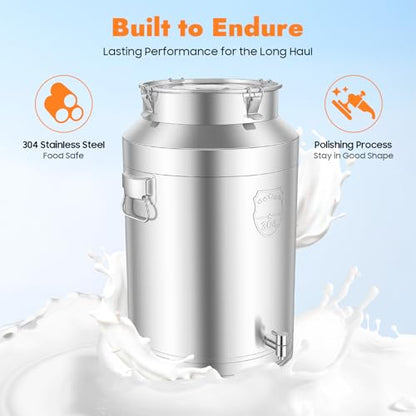Milk Can, 20 Gallon (76L) 304 Stainless Steel Sealed Bucket with Spigot and Lid - Large Food & Beverage Dispenser Container for Water, Wine, Oil, Tea, and Dry Goods (76L) - size: 76L