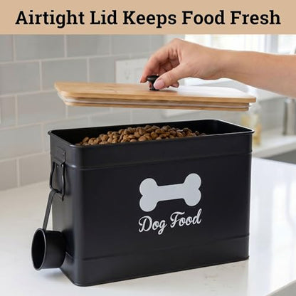 Dog Food Container Airtight 15-20 lb (70 Cup) Capacity with Metal Scoop - Cute Airtight Dog Food Storage Container with Bamboo Lid - Black Metal Kibble Storage Bin for Dogs up to 100 lbs - Big Pet Jar - color: Black