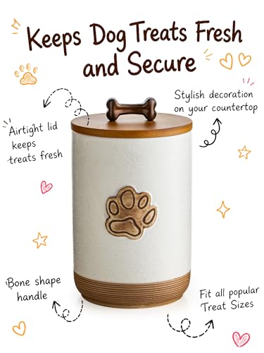 Miamolo Dog Treat Container, Airtight Dog Food Storage Container with Lid and Handle, Ceramic Pet Food Storage Jar for Kitchen Counter Farmhouse Dog Biscuit Jar, Dog Lovers Gift, Paw Glinting White - color: Paw Glinting White
