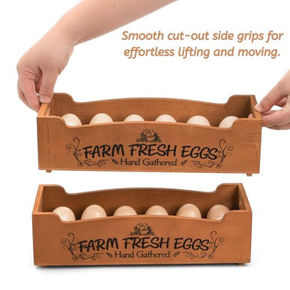 YOUEON Wooden Egg Holder for Countertop, Stackable 2-Tier Egg Crates for 24 Eggs with Handle, Farmhouse Rustic Pinewood Egg Storage Box with “Farm Fresh Eggs” Print, No Assembly Needed