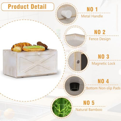 Trironsun Bamboo Bread Box for Kitchen Counter Farmhouse Bread Storage Container Large Capacity Bread Storage Bin Bread Holder (Antique White) - color: Antique White
