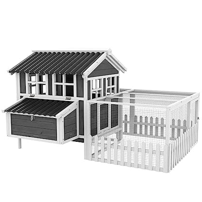 PawHut Wooden Chicken Coop with Run for 1-2 Chickens, Hen House with Nesting Box, Removable Tray, Fence, Outdoor Poultry Cage, 68" x 59" x 42", Gray