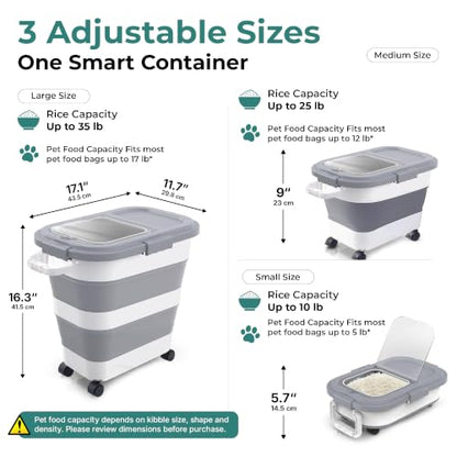 Home & Hearthly Collapsible Rice Storage Container 25–35 lbs, Airtight, Space-Saving Food Storage Bin with Wheels and Measuring Cup, Easy-Pour Grain Dispenser for Rice, Flour and Pet Food