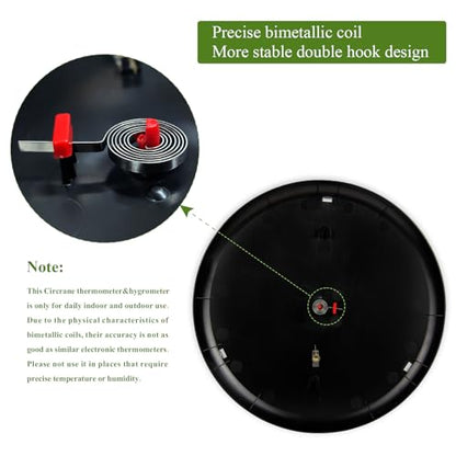 Circrane 13.25 Inch Round Thermometer with Hygrometer, Large Indoor Wall Patio Bimetal Weather Thermometer, No Battery Required, Black - color: Black