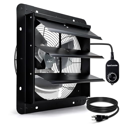 14 Inch Shutter Exhaust Fan for Greenhouse, Shed, Garage, Barn, Chicken Coop Ventilation, 1088 CFM High Power Wall Mount Attic Fan with Speed Controller and Power Cord, Black - color: with Power Cord & Speed Controller, size: 14 Inch