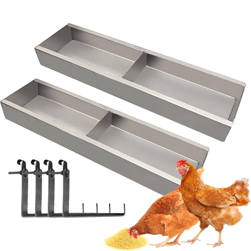 2 Pack Multifunctional Chicken Feeder, Hanging Chicken Feed Trough, Stainless Steel Trough, Chicken Feeder and Waterer Set, for Poultry Livestock. (50 * 11 * 4.5cm)