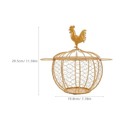 Gatuida Vintage Farmhouse Metal Egg Basket with Double Handle and Chicken Knob Lid, Rustic Wire Storage Bin for Kitchen Pantry and Fresh Egg Collection