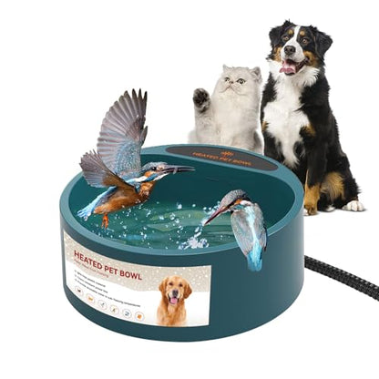 Enjoying Heated Pet Bowl for Cat Outdoor, 2.2 L, Ice Free, Heated Water Bowl for Dogs Chickens Rabbits Birds, Intellectual Temperature Control Thermal Bowl, Green
