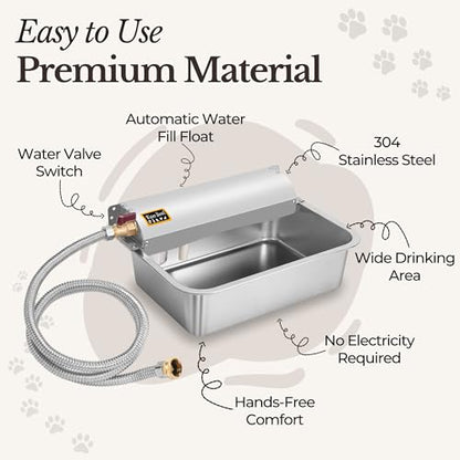 Automatic Pet Water Dispenser - 304 Stainless Steel Auto-Fill Water Bowl for Dogs - Poultry & Livestock - Float Water Level Control - 3/4" GHT Faucet Compatible - Wall Mount/Ground Usage