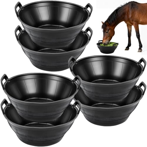 Rubber Feeder Pan, 3.1 Gallon Large Horse Feed Bucket, Heavy Duty Rubber Water Bowl for Livestock, Stackable Chicken Dust Bath Tub for Goats Livestock Animal Feeding Cats Dogs Pigs (6)