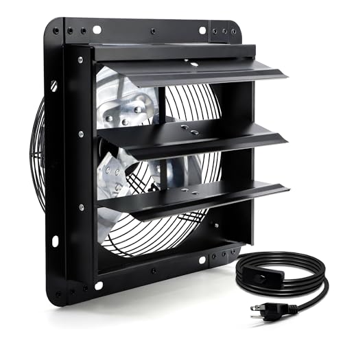 12 Inch Shutter Exhaust Fan, Wall Mount Attic Fan with Power Cord for Greenhouse, Shed, Garage, Barn, Chicken Coop Ventilation, 970 CFM, Black - color: with Power Cord, size: 12 Inch