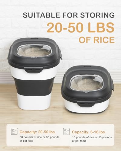 20-50 Lbs Food Storage Containers,Collapsible Rice Container with Wheel Airtight Locking Lid,Flour Storage Container with Small Food Container and Scoop,Suitable for Food,Rice,Pet Food,Flour - color: Black/20-50LBS