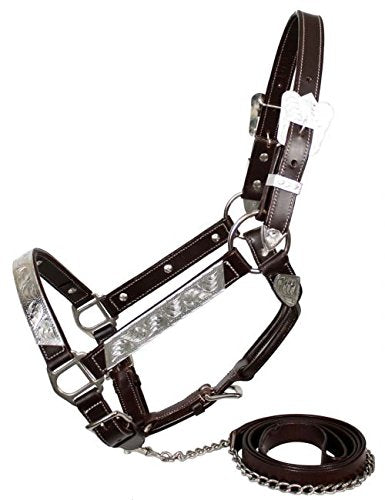 Showman Horse Size Double Stitched Leather Show Halter with Silver Bar Trim