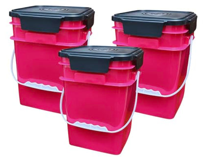 House Naturals 4 Gallon Square Food Grade Bucket Pail with Plastic Handles and Lid (Pack of 3) Made in USA containers (Magenta - Black lids) - color: Magenta - Black Lids