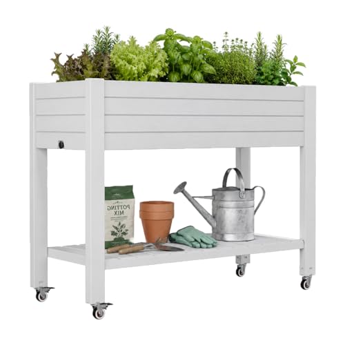 Elevated Raised Garden Bed with Wheels,Planter Box,Ashen-33.7" h | Resin Planter Box with Drainage Holes, Water Monitor, Wheels for Garden Patio Backyard - color: Ashen, size: 33.7"h