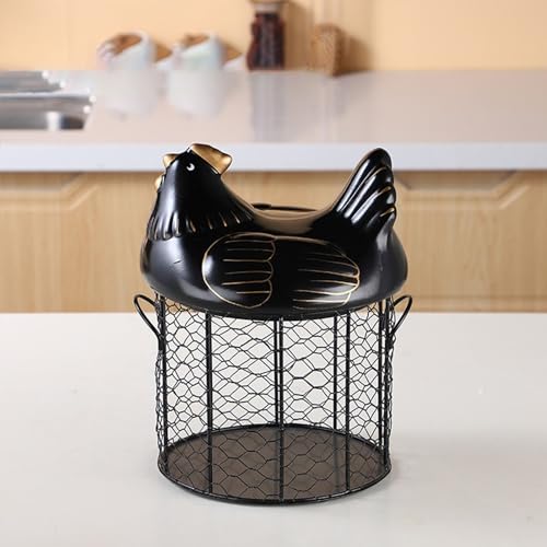 Chicken Egg Basket, Chicken Egg Holder, Black Wire Chicken Egg Collection Baskets with Ceramic Lid and Handle for Gathering Fresh Eggs, Farmhouse Style Egg Storage Container for Kitchen(Red) - color: Red