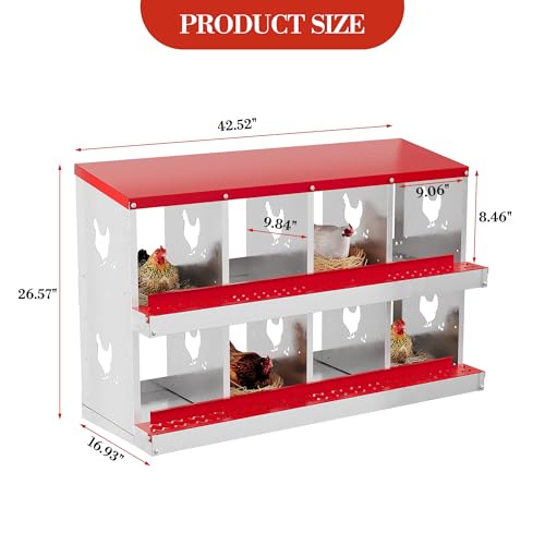 IDEALHOUSE Chicken Nesting Box, Galvanized Steel Laying Box with Rustproof & Roll-Away Egg Design, for Hens, Red 8 Compartment No Bracket - color: Red, size: 8 compartments (without bracket)