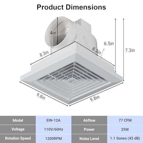 10 Inch Panel Bathroom Exhaust Fan, 77 CFM 1.1 Sones Quiet Ceiling Mount Exhaust Fan, 4'' Duct Square Bathroom Vent Fan for Home/Bath/Garage/Office, 25W, 8.3 x 8.3'' Mount, Milky-white - size: 10 Inch milchig-weiß square