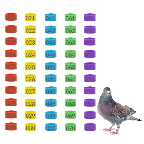 100Pcs 8mm Pigeon Bands Plastic Chicken Tags for Legs - Numbered Poultry Rings for Chicks, Quail, Dove, Finch - 001-100, 5 Mixed Colors - size: 8mm