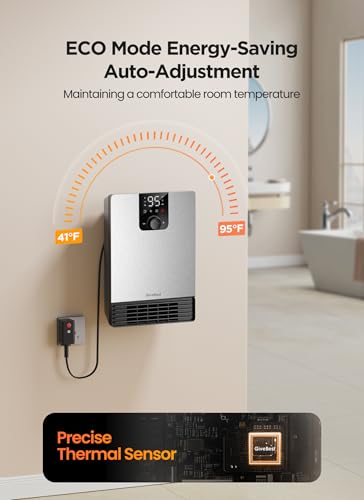 Wall Heater for Bathroom, 1500W Fast Heating Electric Space Heater with ALCI Plug, Adjustable Thermostat, 3 Heating Modes, 24H Timer, Easy Mounted Heater for Indoor Use, Home, Office, Silver - color: Silver