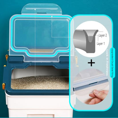 Large Flour Storage Container Bin 25lb, 2Pack Airtight Rice Storage Containers with Measuring Cup&Scoop, BPA Free with Wheels Seal Locking Lid for Flour, Rice, Grain (50LBS Total, Blue) - color: 25bl,2pcs,blue