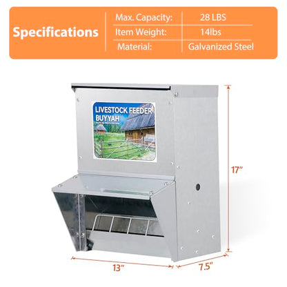 Automatic Chicken Feeder, 30 lb Capacity, Galvanized Metal Poultry Feeder, Waterproof Chicken Feeder, Suitable for Poultry, Geese, Quails, Bantams, Ducks and Turkey