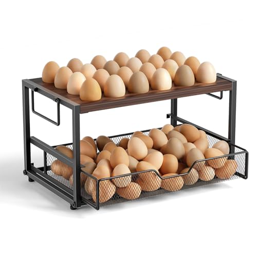 2-Tier Wooden Egg Holder Countertop with Basket – Holds 24+60 Chicken, Duck & Quail Eggs, Easter Eggs – Compact Countertop Holder with Carry Handle for Easy Transport - size: 2 Tiers