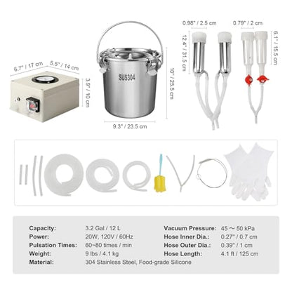 Happybuy Goat Milking Machine, Food-Grade Silicone Cups and Tubes, Portable, 12L 304 Stainless Steel Bucket, Adjustable Suction for Cows and Sheep, Electric Pulsation Automatic Vacuum Milker