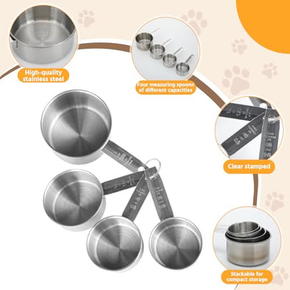 4 Pcs Dog Cat Food Scoop Stainless Steel Measuring Cup Set 1, 1/2, 1/3, 1/4 Cup Pet Measuring Cups for Dog Cat Dry Metal Food Storage Liquid Scoop for Kitchen Coffee Cooking Dishwasher