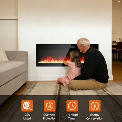 50" Electric Fireplace, Wall Mounted Recessed Fireplace Insert, 16 Adjustable Flame Colors, Fit 2x6 Stud w/Timer, Remote Control, Ultra-Thin Fireplace Heater, 1400W, Black - size: 50 Inch Standard
