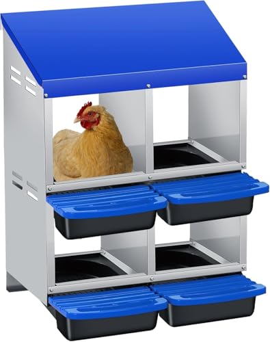 Nesting Boxes for Chickens, 4 Holes Weatherproof Metal Chicken Egg Laying Box with Removable Tray & Automatic Rollout Egg Collection, Roll Away Nesting Box Easy Clean & Quick Assemble for Hens Coop - color: Blue, size: blue 2x2 holes