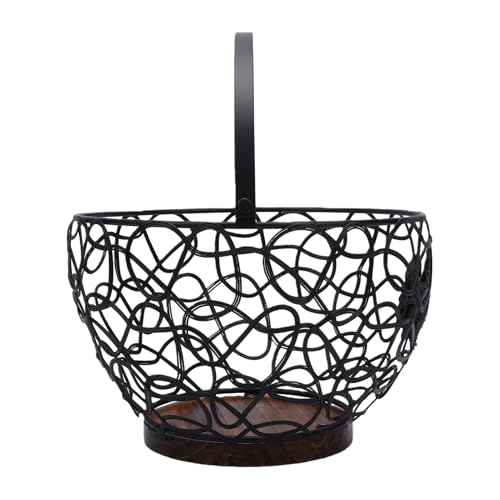 Rustic Wooden Base Wire Egg Basket with Sturdy Metal Handle Farmhouse Kitchen Decor Easter Display Coop - color: Black