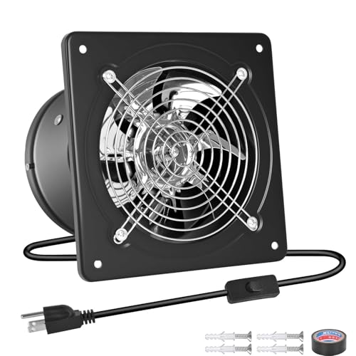 10-inch wall-mounted kitchen metal exhaust fan with switch, 382-576CFM, portable installation, with return air valve, suitable for attic, garage, bathroom, office, basement ventilation,Black - color: Black Exhaust Fans, size: 10 Inch with Switch