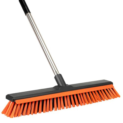 18" Push Broom Outdoor with Rubber Squeegee,Heavy Duty Broom Brush with Handle,Stiff Bristles for Patios and Deck Dirt Garage Warehouse Driveway Concrete Floor Cleaning Scrubbing