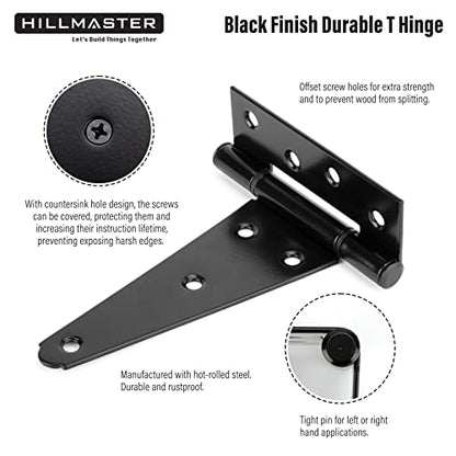 HILLMASTER 6 Inch T-Strap Heavy Duty Shed Door Hinges Gate Strap Hinges Black Tee Hinge Wrought Hardware for Wooden Fences,Yard,Barn Door,Rustproof (4 Pack) - size: 6in 4Pack