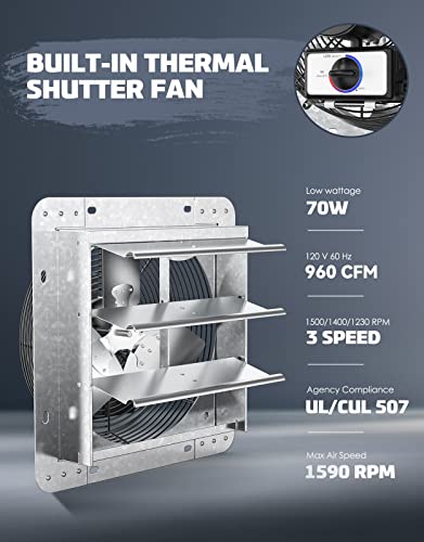 iLIVING 12" Wall Mounted Shutter Exhaust Thermostat Control-3 Speeds Vent Fan For Home Attic, Shed, or Garage Ventilation, 960 CFM, 1200 SQF Coverage Area, Variable, Silver - style: 12" Fan w/ Thermostat