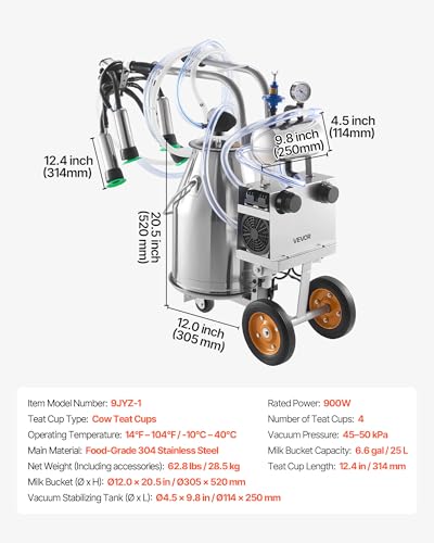 VEVOR Electric Cow Milking Machine, 6.6 Gal / 25 L 304 Stainless Steel Bucket, Food-Grade Teat Cups and Silicone Hose, Strong Suction, Vacuum Pulsation, Electric Milker Machine with Wheels for Cow - size: 25L