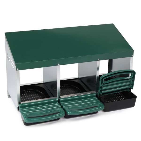 Chicken Nesting Box, 3 Compartments Metal Chicken Laying Boxes with Roll Out Egg Collection, Plastic Fake Eggs, Install Accessories and Gloves for Hens/Goose/Duck/Rabbit, Green