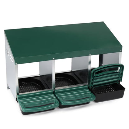 Chicken Nesting Box, 3 Compartments Metal Chicken Laying Boxes with Roll Out Egg Collection, Plastic Fake Eggs, Install Accessories and Gloves for Hens/Goose/Duck/Rabbit, Green
